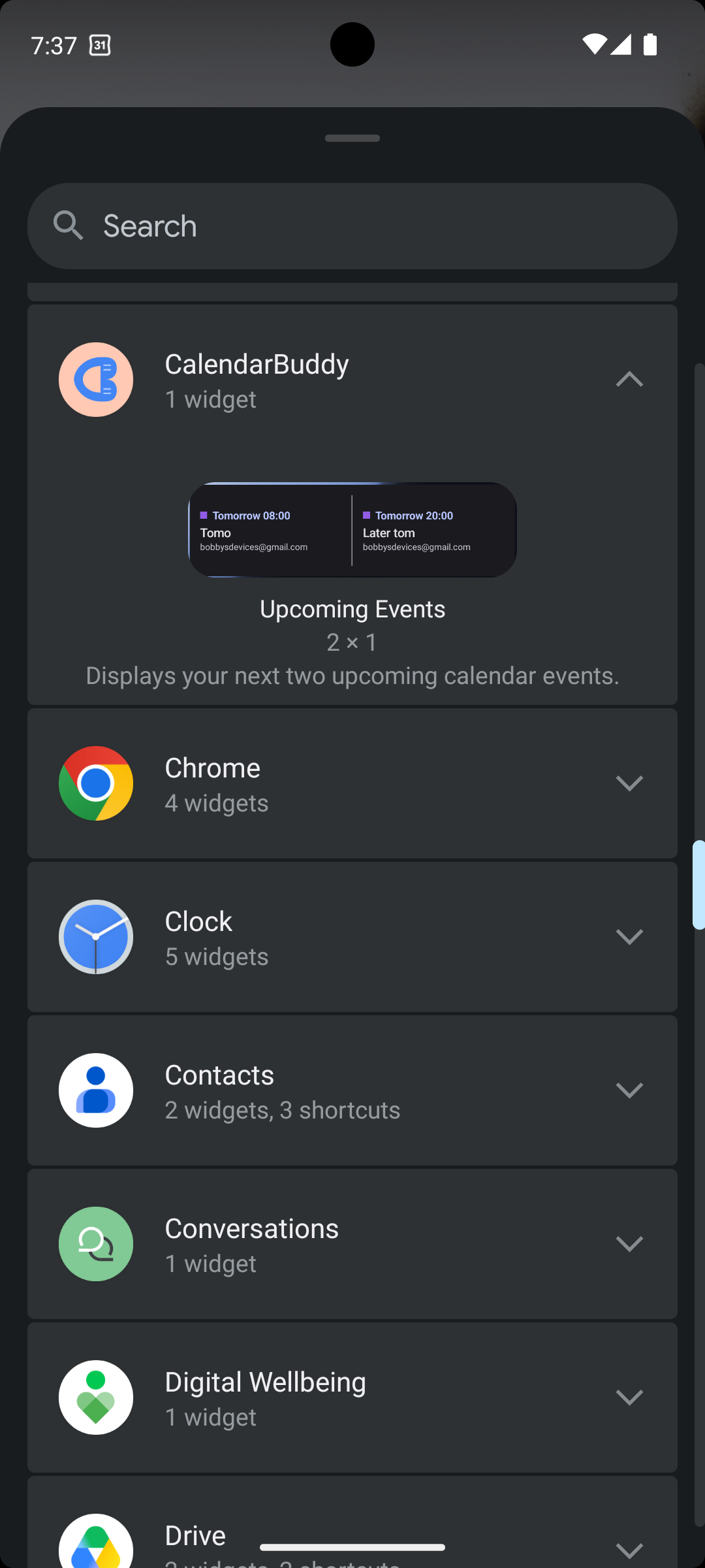 Calendarbuddy phone widget selection screen